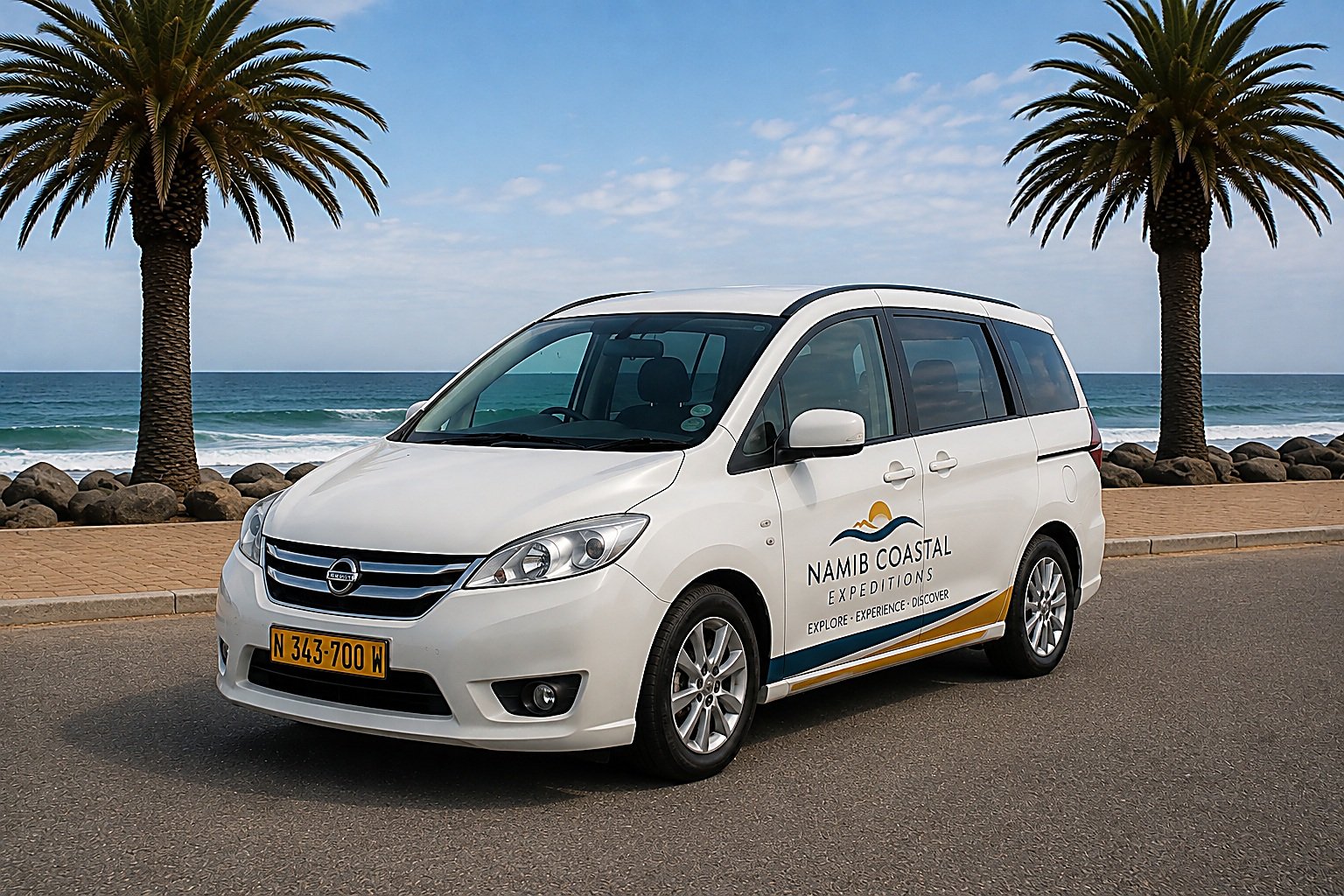 Branded white Nissan Lafesta on the Swakopmund coast