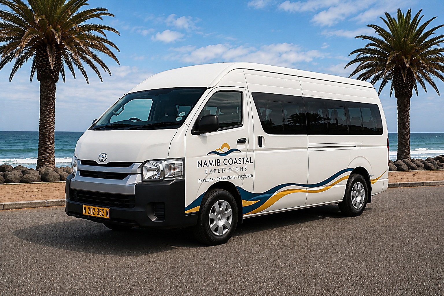 Branded white Toyota HiAce on the Swakopmund coast